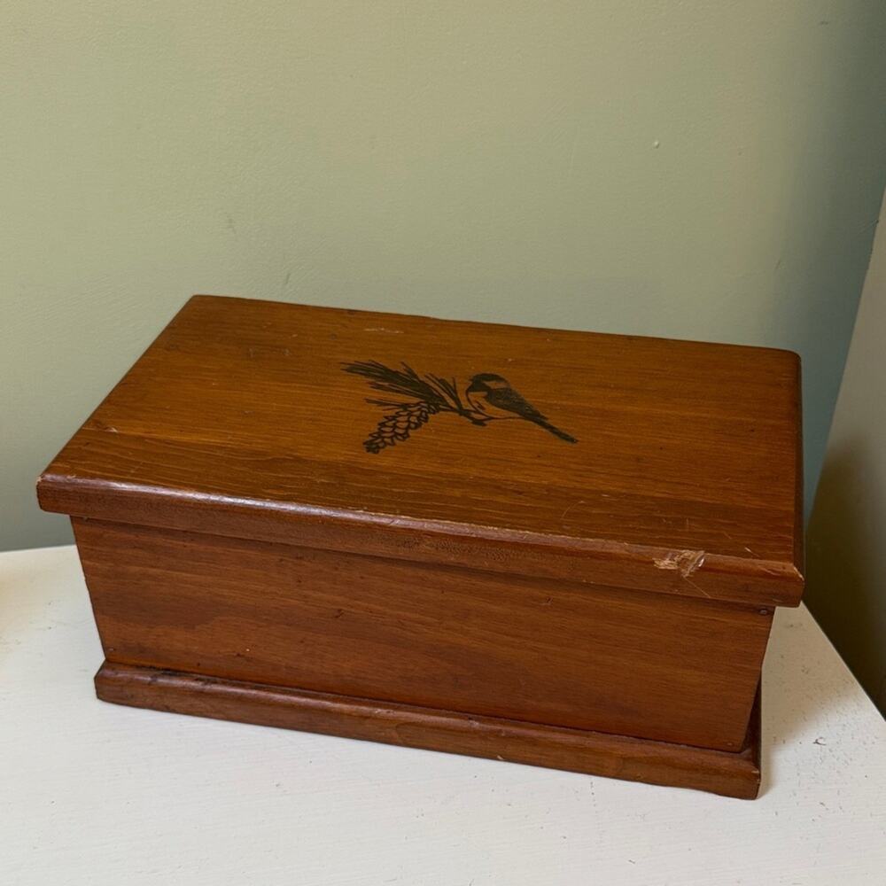 Vintage brown Wooden Box with chickadee and pinecone Design